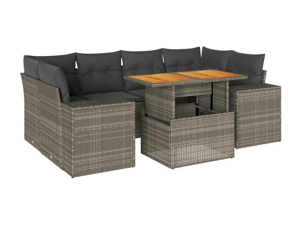 7-piece garden furniture set with cushions, grey woven resin