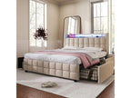 160x200cm bed with drawers, upholstered double bed with storage and LED lighting, beige