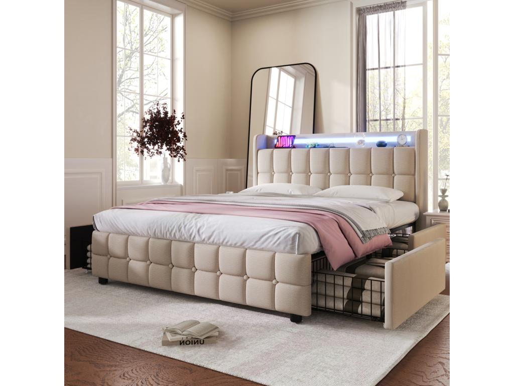 160x200cm bed with drawers, upholstered double bed with storage and LED lighting, beige