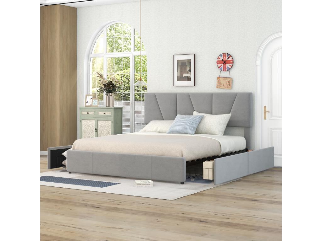 Upholstered Double Platform Bed - 160x200 cm - Upholstered - 4 Drawers - Adjustable Headboard - Grey WMJR99816