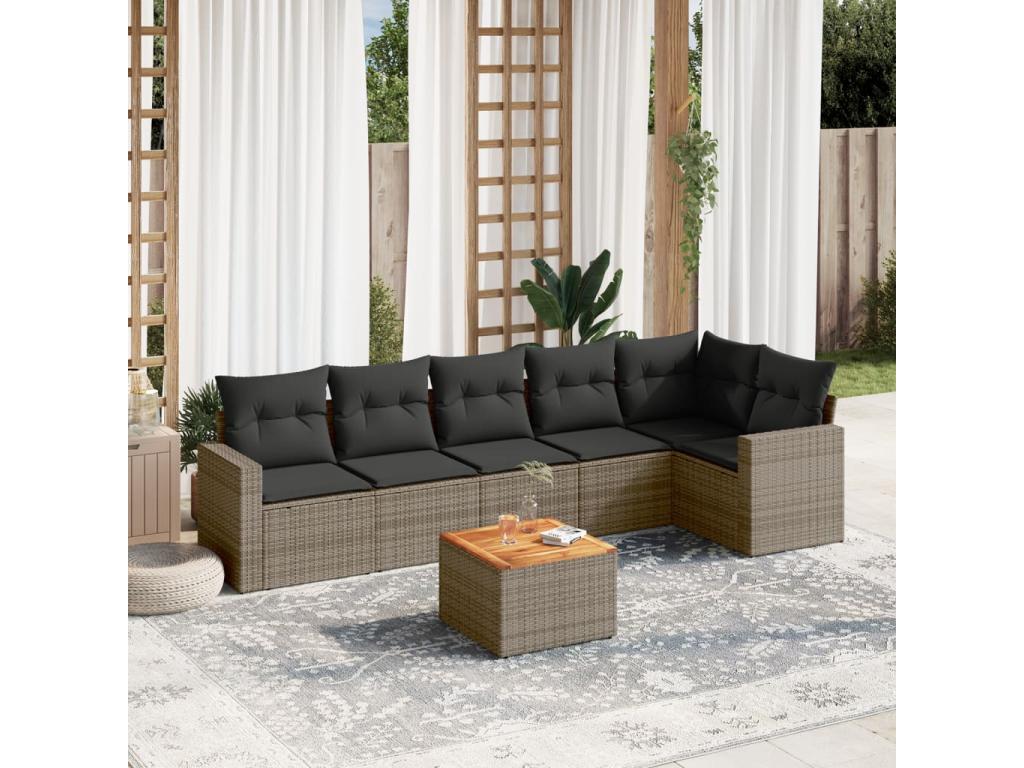 7-piece garden furniture set with cushions, grey woven resin KCJH55352
