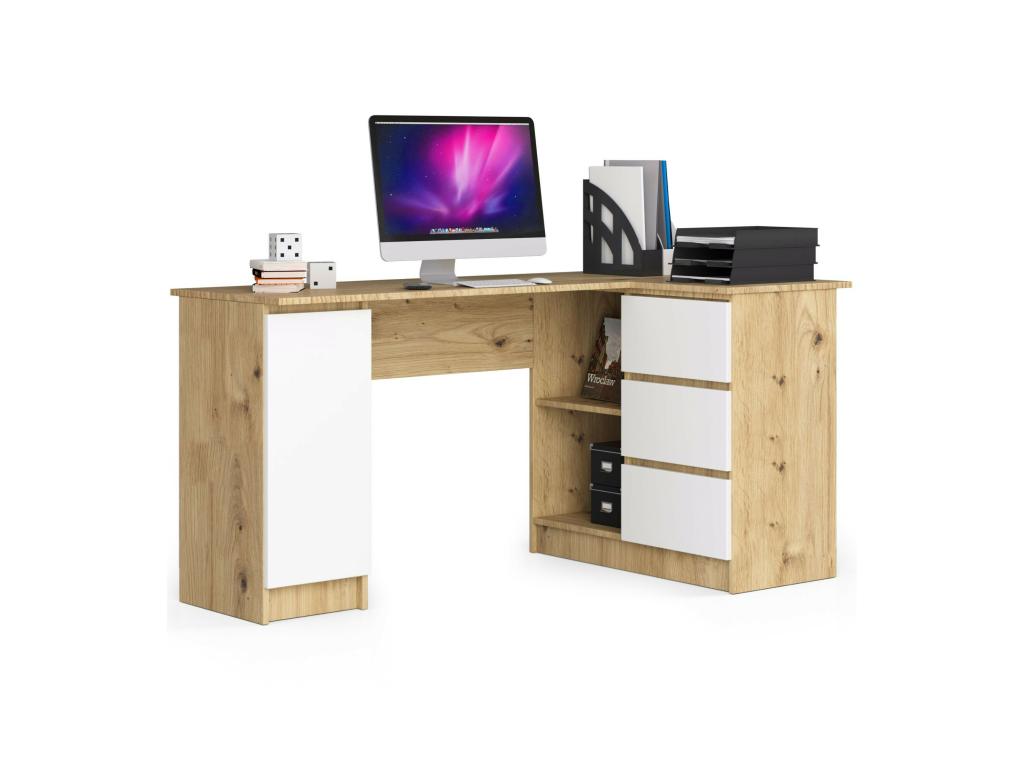 Large Meublori right-hand corner desk B20 Oak Meublori 155 cm 1 door 3 drawers with white fronts 4 shelves 155x85x77 cm
