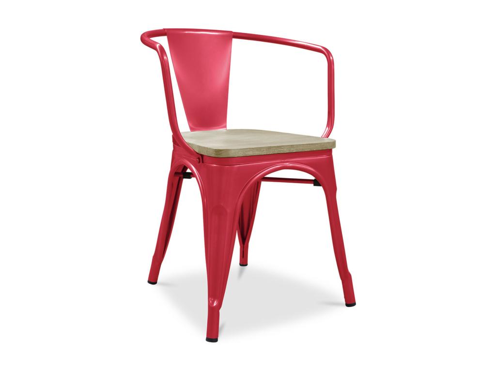 Industrial chair with polished steel armrests and natural solid wood seat, Meublori - Red