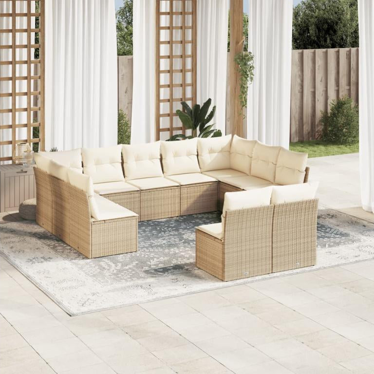 11-piece garden furniture set with beige resin wicker cushions