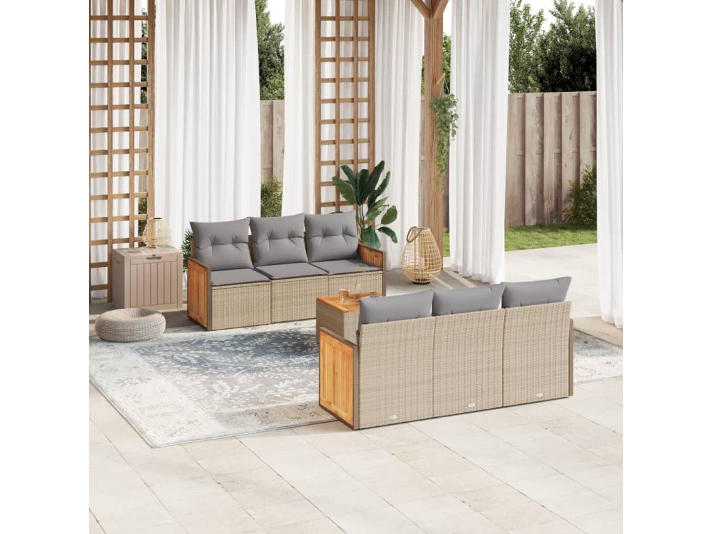 7-piece garden furniture set with cushions, beige woven resin