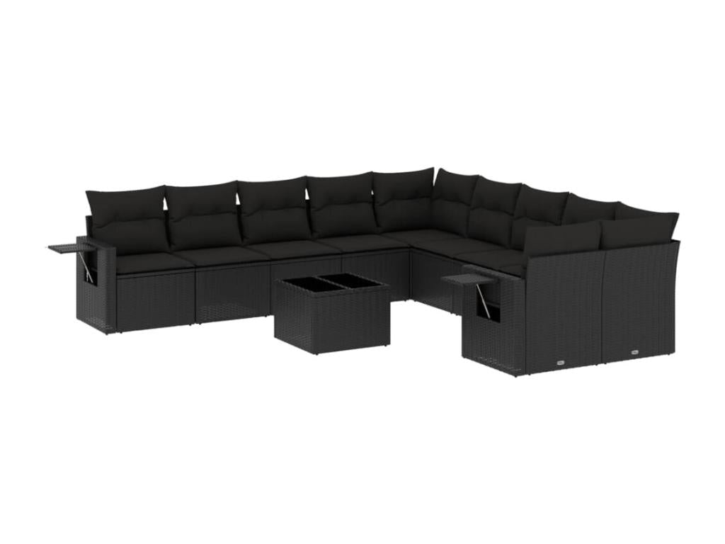 11-piece garden furniture set with cushions, black woven resin