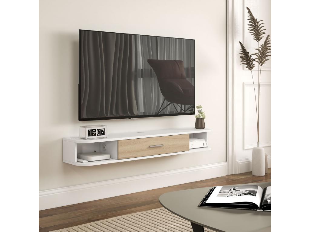 Wall-mounted TV unit with floating design - 2 niches with drop-down door - dimensions: 120L x 26W x 16H cm - white with light oak effect