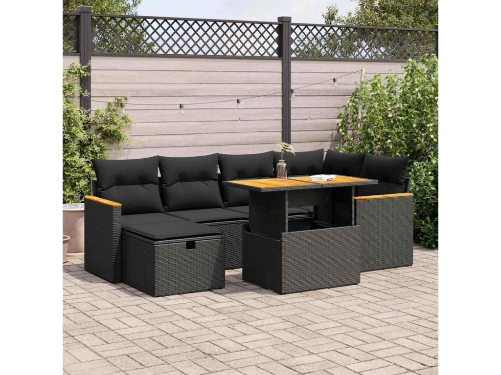 8-piece garden furniture set with cushions, black woven resin