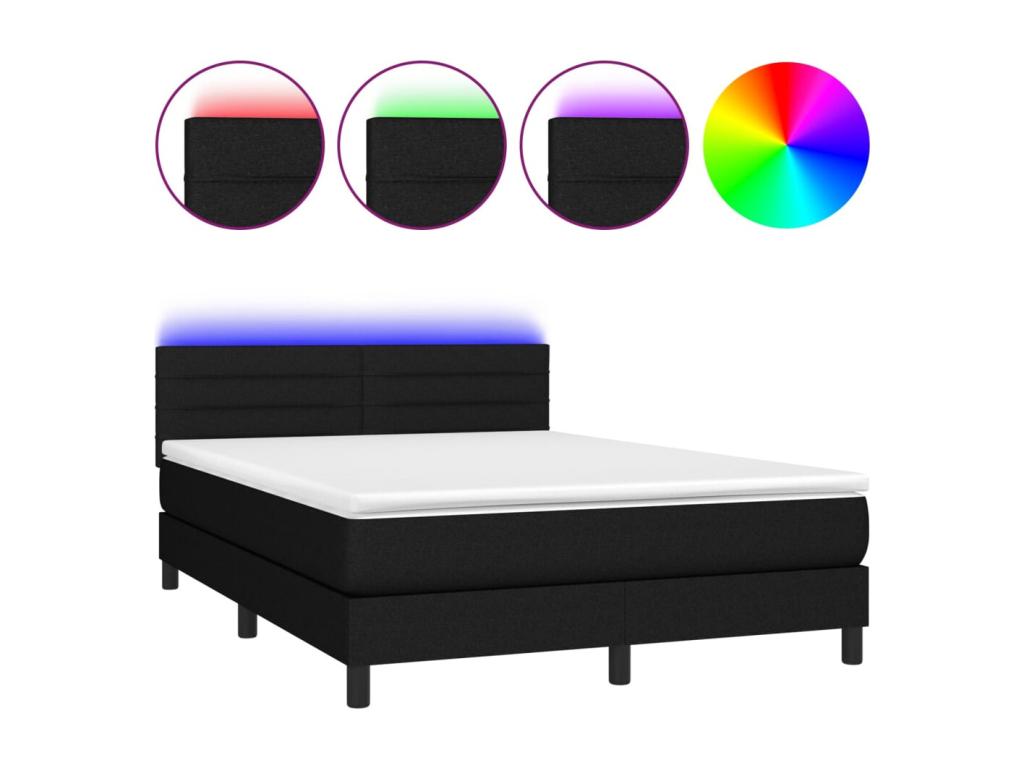 Upholstered bed base with mattress and LED lighting, black, 140x200 cm, fabric