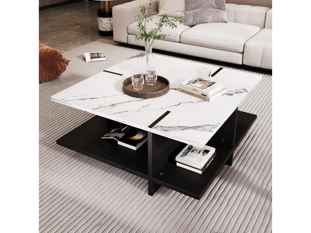 Square coffee table with open storage compartment - 72x72x32 cm - MDF wood - white and black