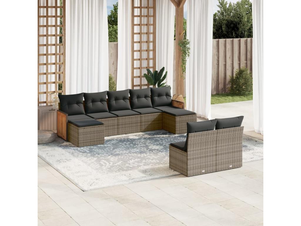 9-piece garden furniture set with grey resin wicker cushions