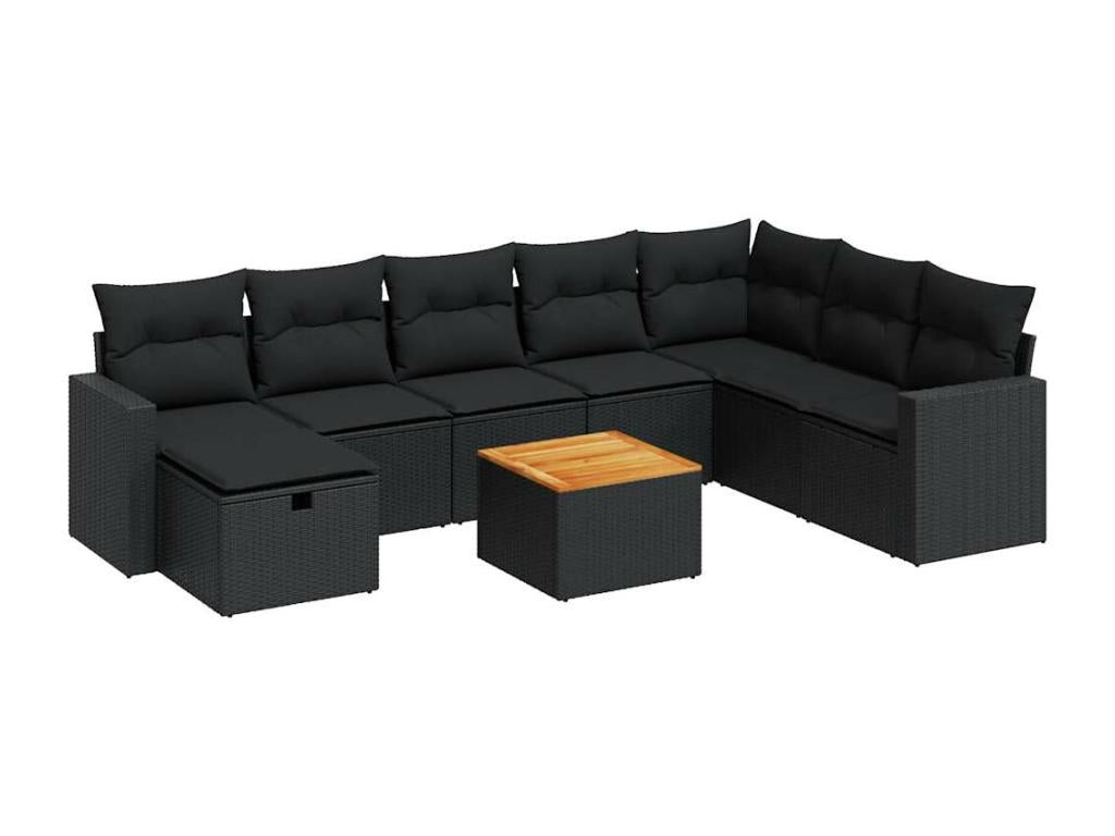 9-piece garden furniture set with cushions, black woven resin