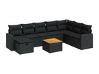 9-piece garden furniture set with cushions, black woven resin
