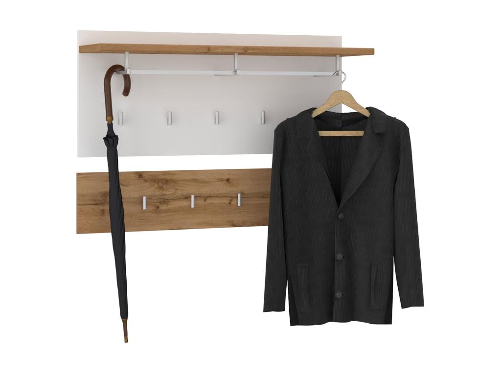 Wall-mounted coat rack with 9 Meubiana shelves, 1 Meubiana hanging rail, and 1 storage shelf in oak and white melamine.