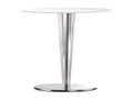 Round designer table in polished steel with a white laminate top, 130cm