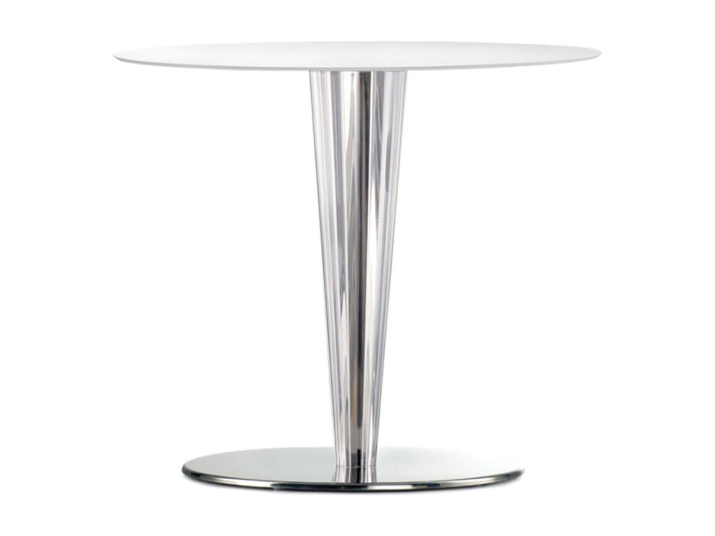 Round designer table in polished steel with a white laminate top, 130cm