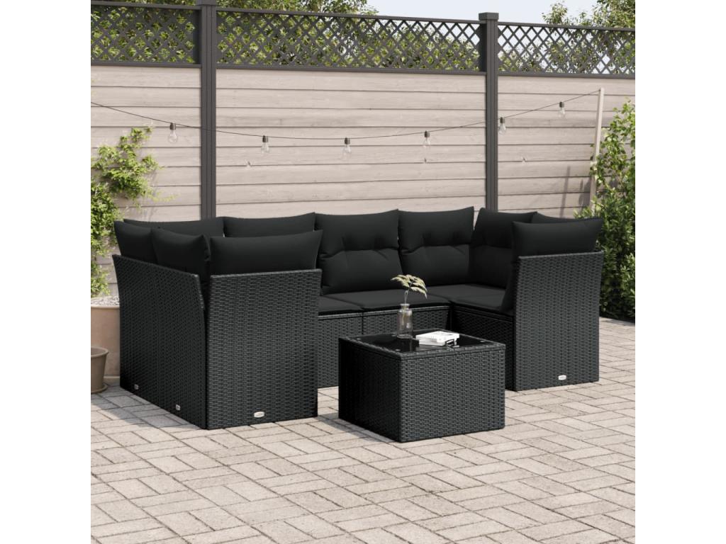 7-piece garden furniture set with cushions, black woven resin