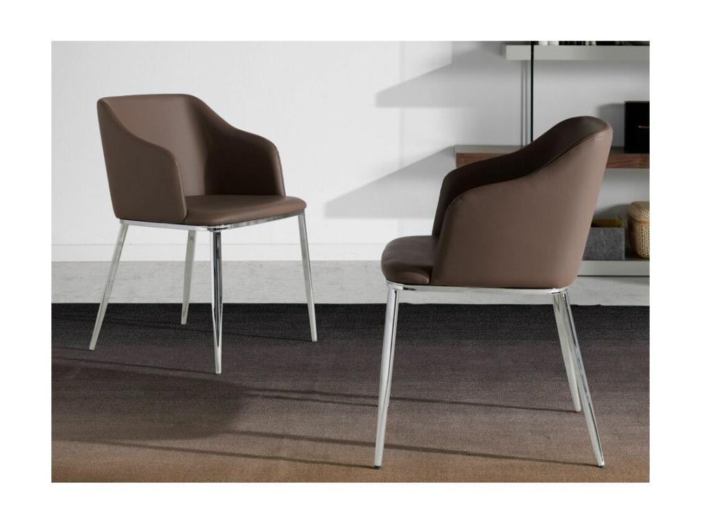 Brown faux leather chair with silver steel legs, Meublori - Set of 2 - Color: Meublori 75 Anthracite Grey
