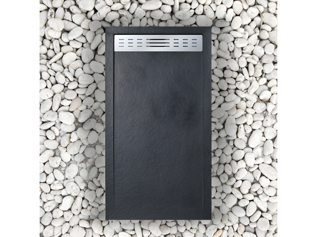 90x175 cm shower tray with side grate, Meublori Extra Slim black, made of synthetic resin and marble powder, with drain