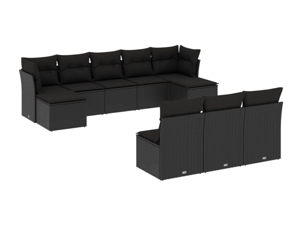 10-piece garden furniture set with cushions, black woven resin