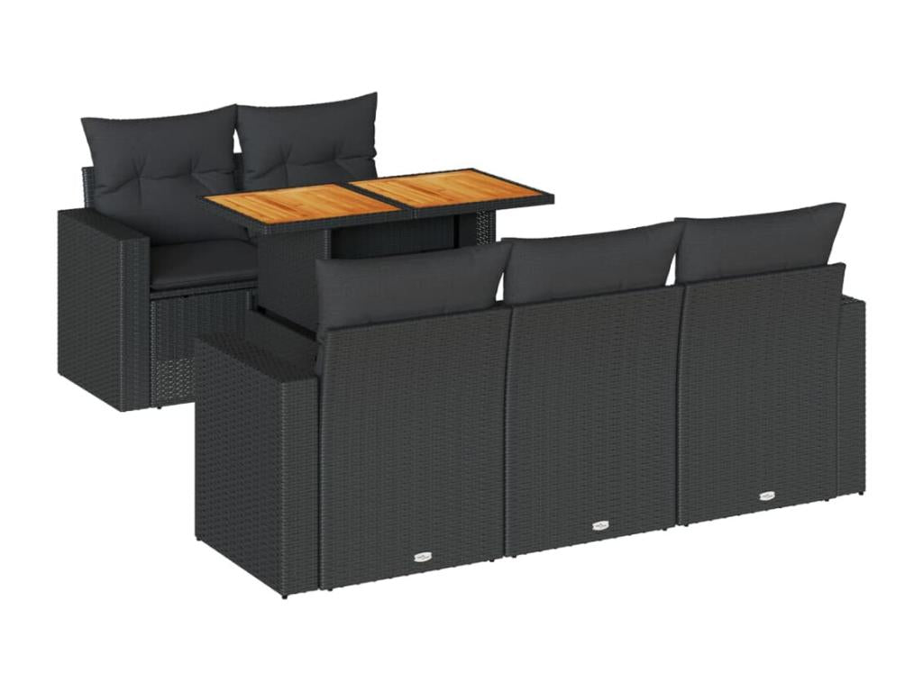 6-piece garden furniture set with cushions, black woven resin