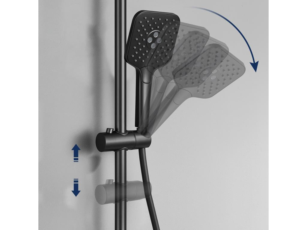 Meublori Max 38C Thermostatic Shower Column, Black, Tempered Glass Shelves, Hand Shower with 3 Spray Patterns