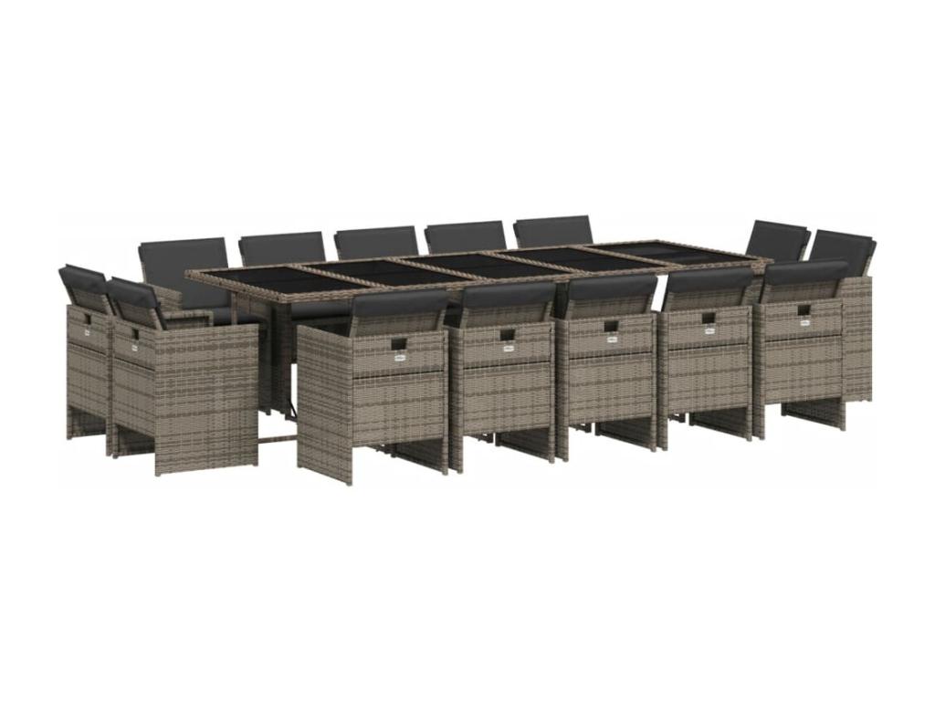 15-piece garden dining set with grey resin wicker cushions
