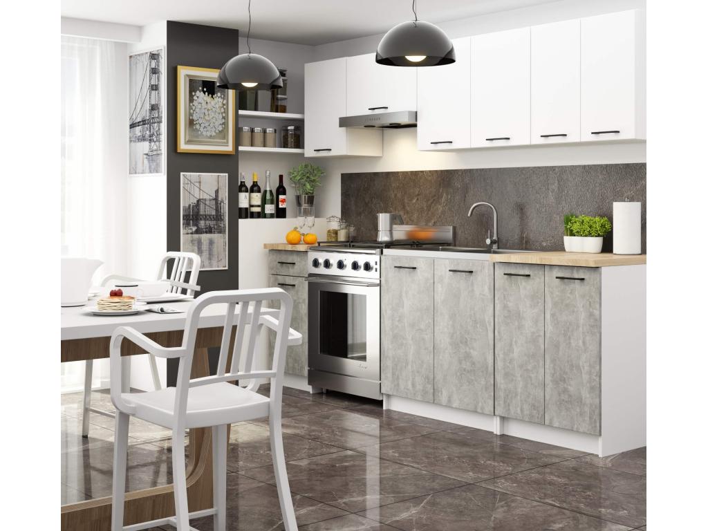 Meublori White Kitchen Set 240 cm 11 doors 1 drawer Concrete front 240x46x203 cm