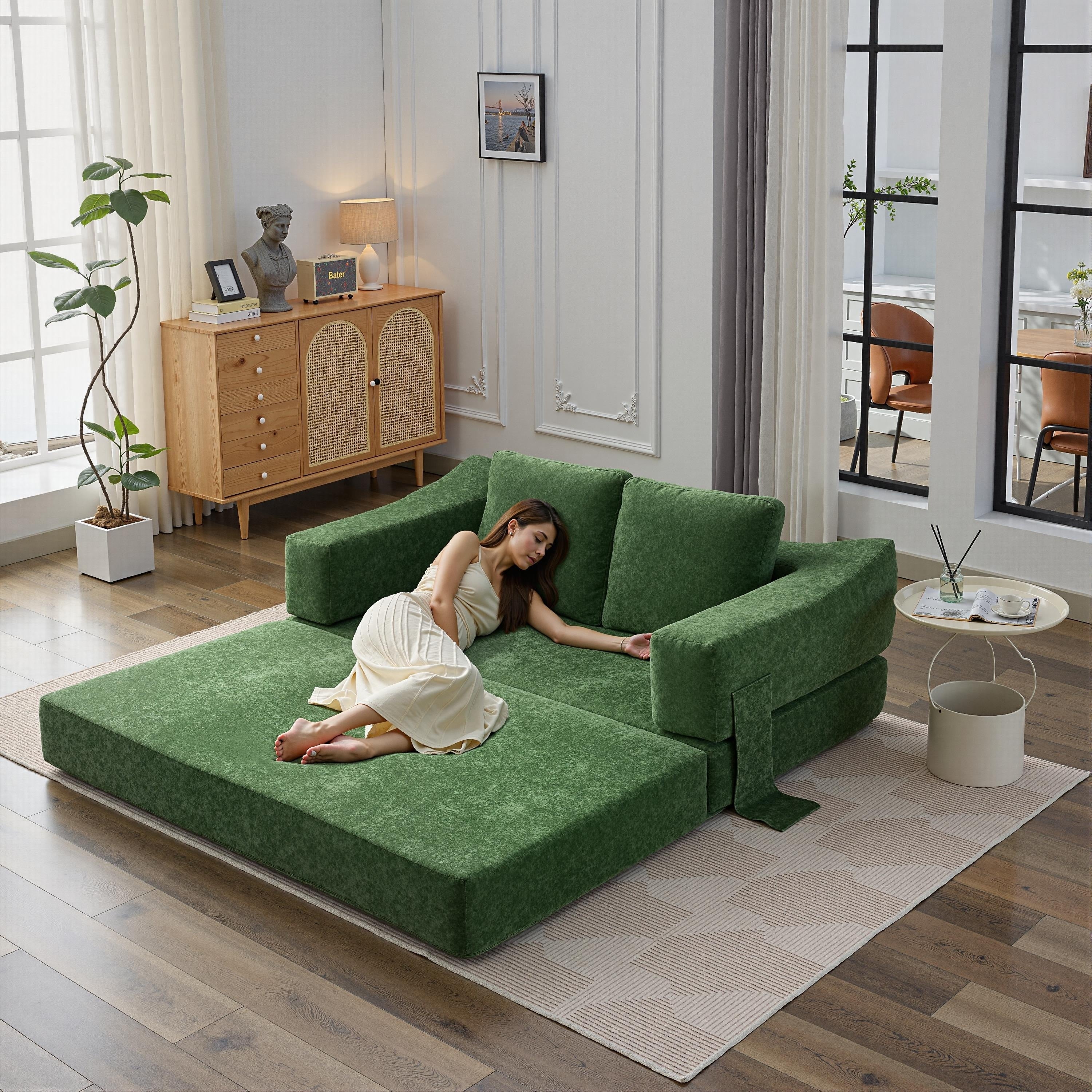 70.87 Upholstered Convertible Sleeper Sofa, Convertible Chair Floor Couch Comfy Sofa for Living Room, Bedroom, Chenille Fabric