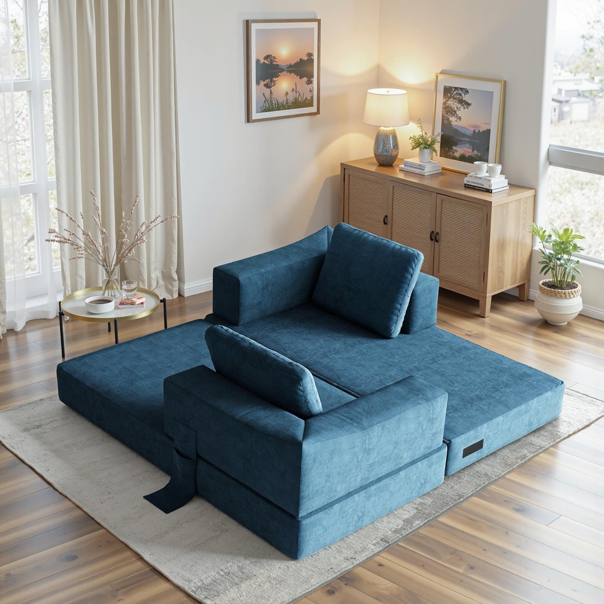 70.87 Upholstered Convertible Sleeper Sofa, Convertible Chair Floor Couch Comfy Sofa for Living Room, Bedroom, Chenille Fabric