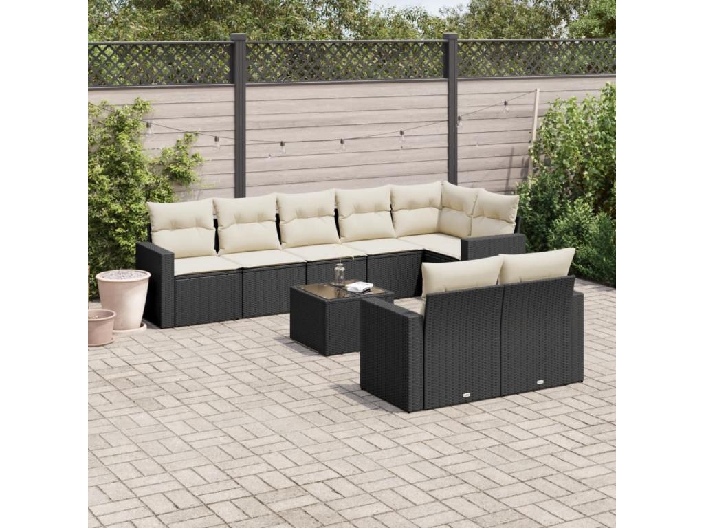 9-piece garden furniture set with cushions, black woven resin