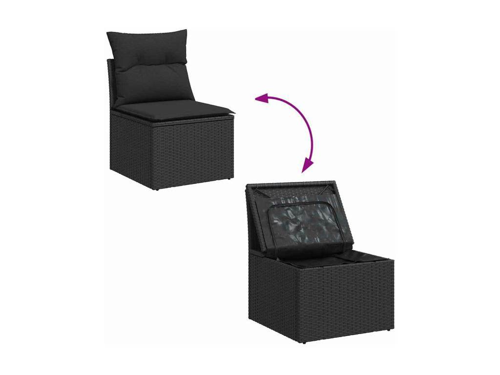 9-piece garden furniture set with cushions, black woven resin