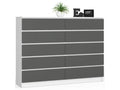 Large chest of drawers for the living room, Meublori K160 White, 160 cm, 10 drawers, Graphite Grey front, 160x40x121 cm