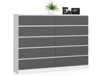 Large chest of drawers for the living room, Meublori K160 White, 160 cm, 10 drawers, Graphite Grey front, 160x40x121 cm