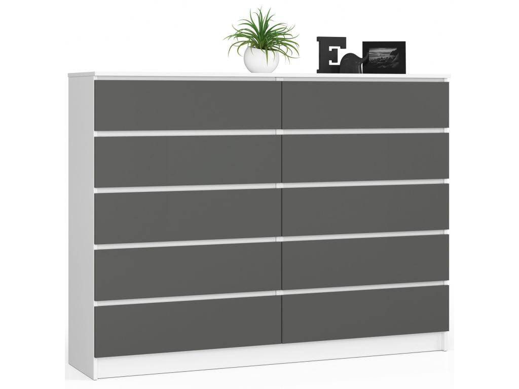 Large chest of drawers for the living room, Meublori K160 White, 160 cm, 10 drawers, Graphite Grey front, 160x40x121 cm