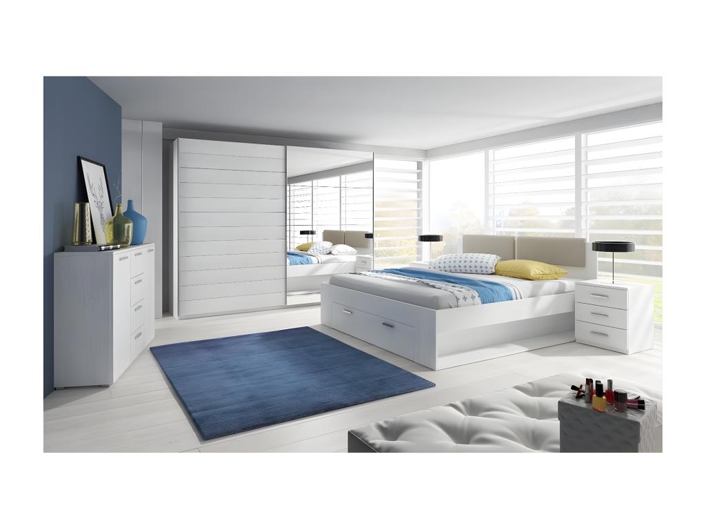 Meublori bedroom set: 200cm wardrobe, 140x200cm bed, chest of drawers, bedside tables - White with wood effect.