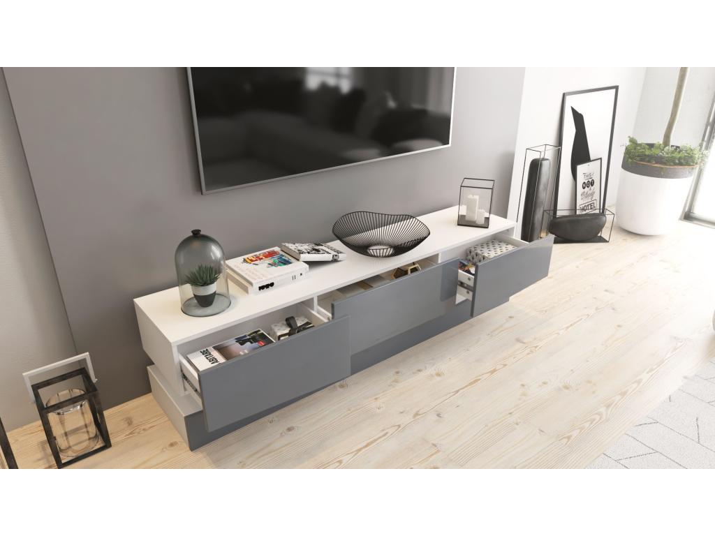 TV stand with base, white and high-gloss sand grey, 178 x variable x 39 cm