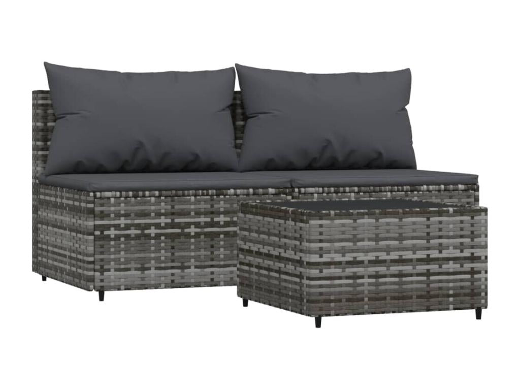 3-piece garden furniture set with cushions, grey woven resin