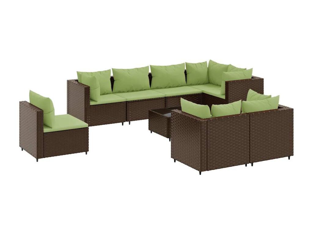 9-piece garden furniture set with cushions, brown woven resin