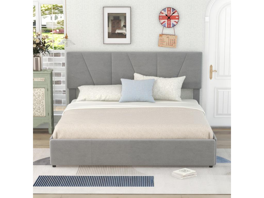 Upholstered Double Platform Bed - 160x200 cm - Upholstered - 4 Drawers - Adjustable Headboard - Grey WMJR99816