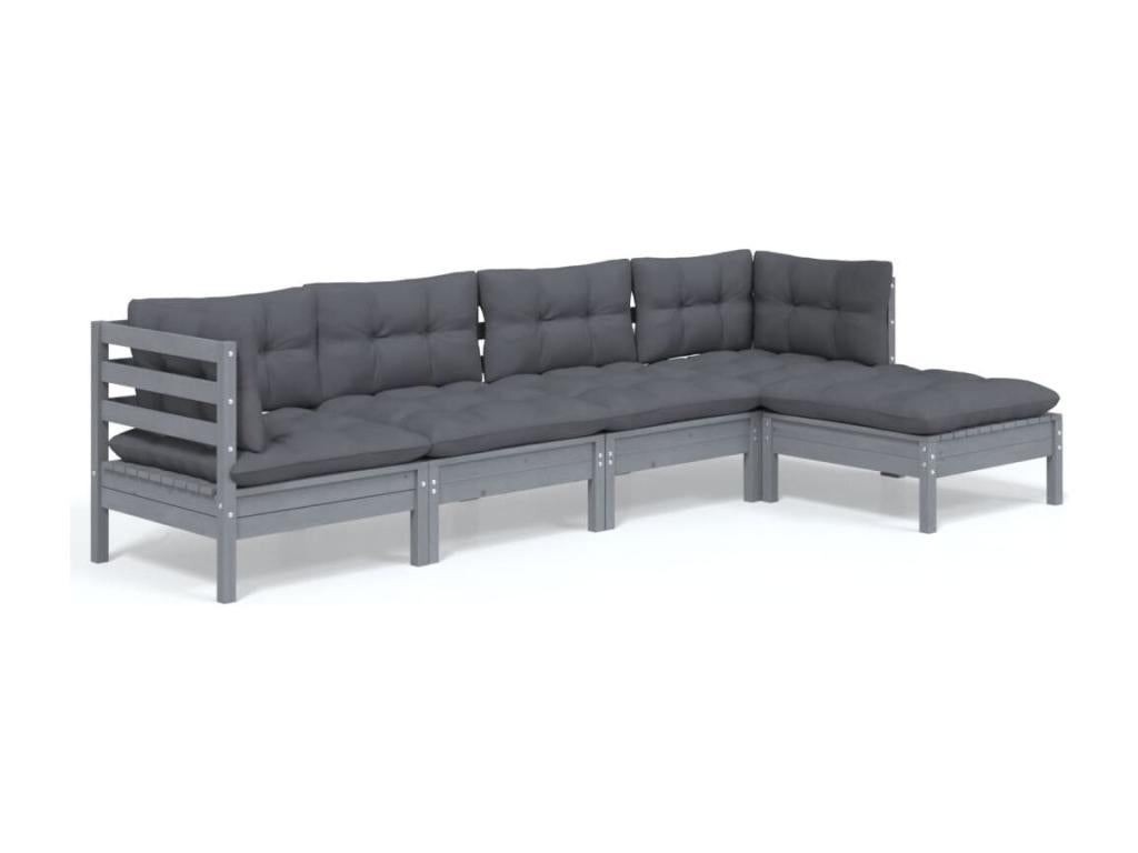 5-piece garden furniture set with grey pine wood cushions