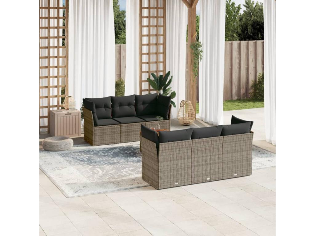 Garden furniture set with cushions, 7 pieces, grey woven resin