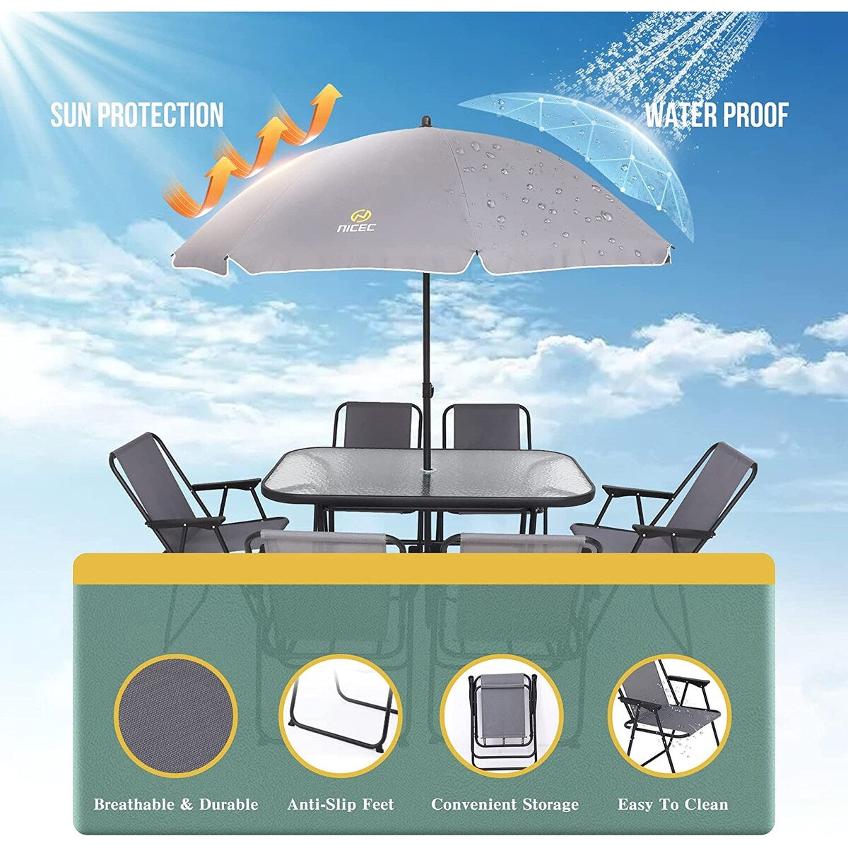 8-Piece Patio Dining Set, Garden Outdoor Table Set with Removable Umbrella, Glass Table, and 6 Folding Chairs