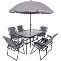 8-Piece Patio Dining Set, Garden Outdoor Table Set with Removable Umbrella, Glass Table, and 6 Folding Chairs