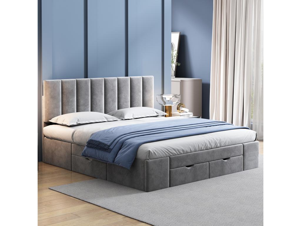 Adult bed with 4 drawers and headboard - 160x200 cm - velvet - Meublori slatted base - grey color