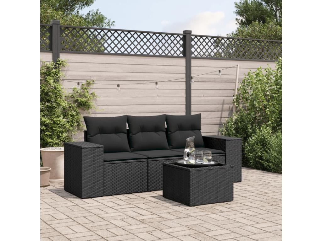 4-piece garden furniture set with cushions, black woven resin