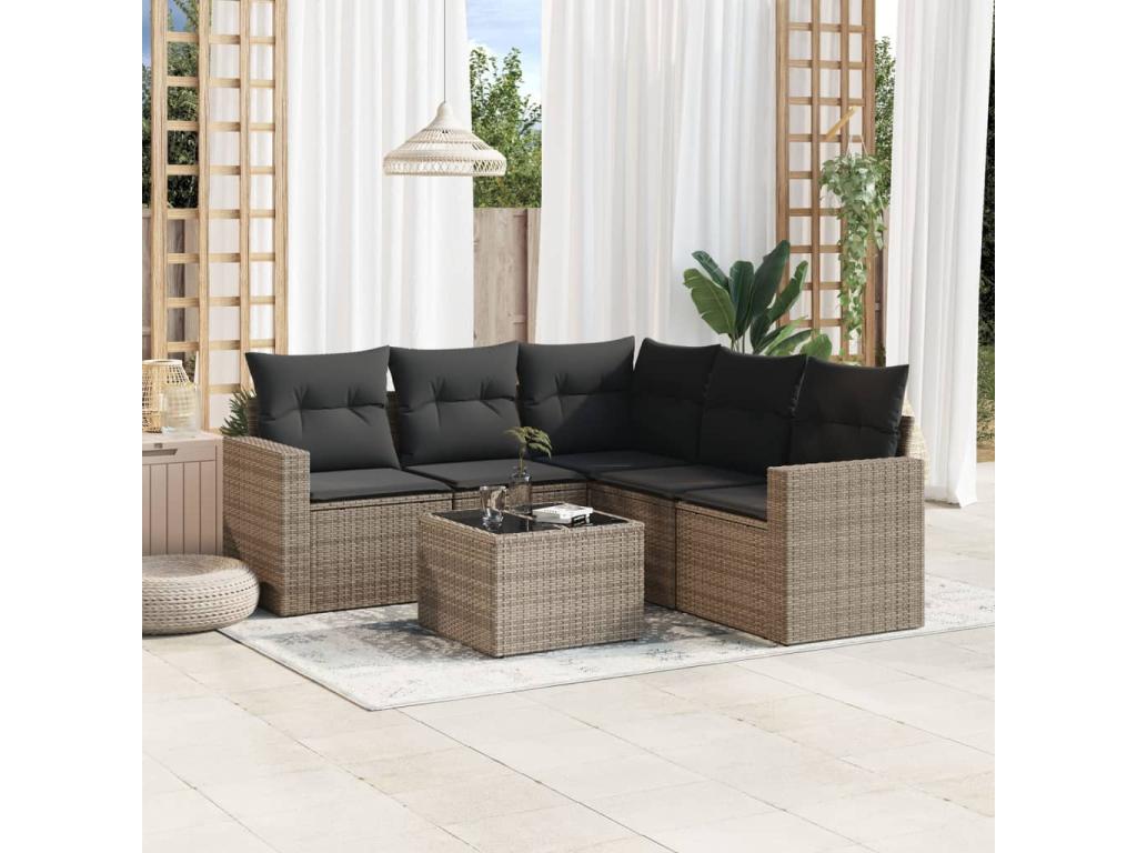 6-piece garden furniture set with grey resin wicker cushions