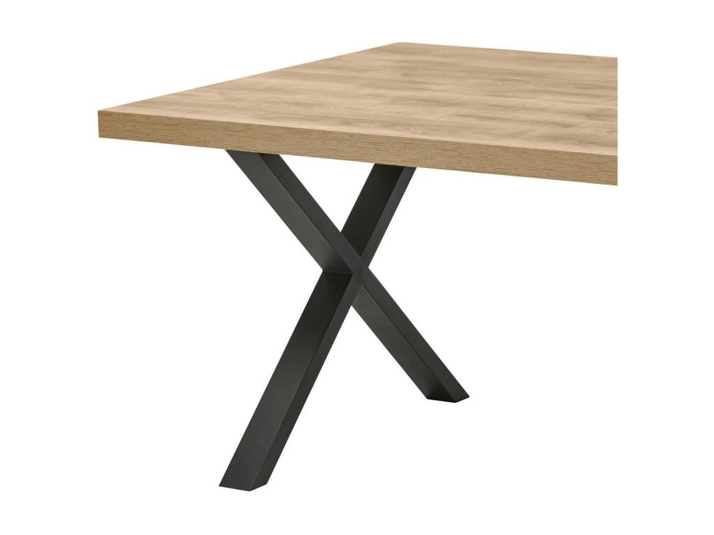 Meublori - 170cm Table, Wood Look, Black Powder-Coated Metal X-Shaped Legs