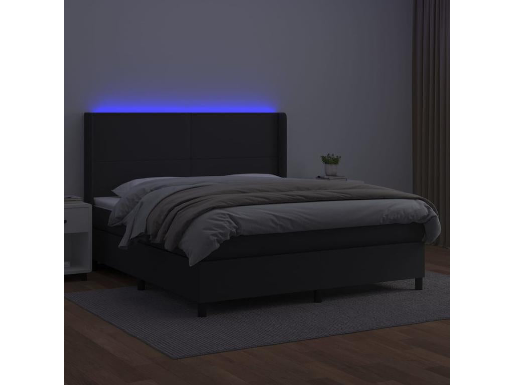 Upholstered bed base with mattress and LED lighting, black, 180x200cm, faux leather