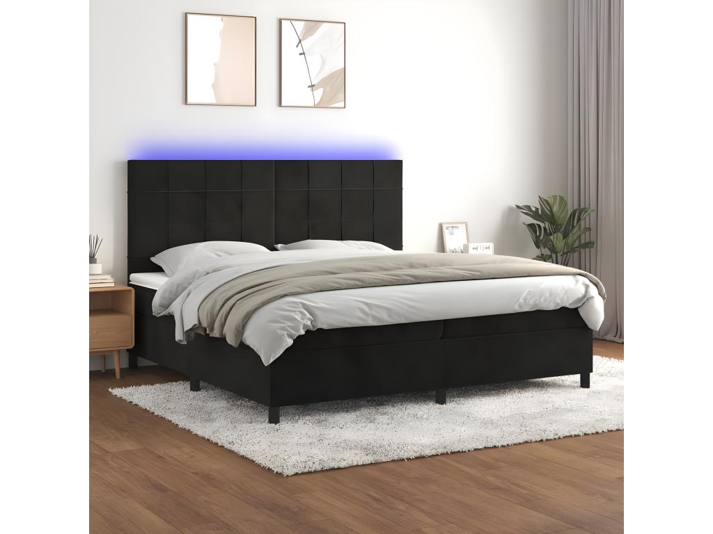 Meublori bed base with mattress and LED, black, 200x200 cm, velvet